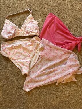 SHEIN Pink Ribbon Print Triangle Bikini Set with Sheer Pink Sarong NWOT
